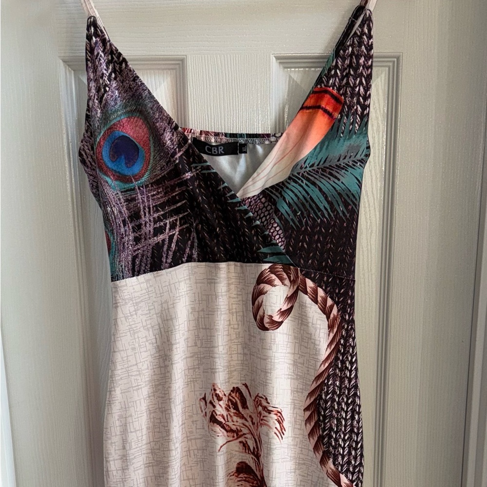 Summer Resort Thin Strap Maxi slip Dress Size XL Peacock Leaf Design Split Sexy